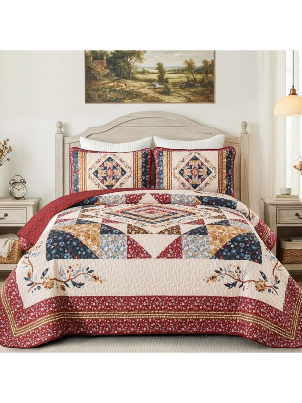 Floral Patchwork Queen Quilt Bedding Set - Red Farmhouse Style Bedspread